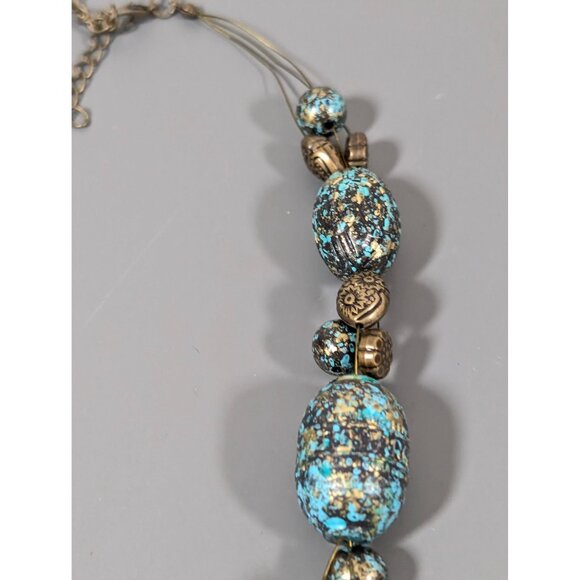 Bronze Tone Green Patina Faux Stone Statement Necklace 20" Tribal Boho - Picture 5 of 9